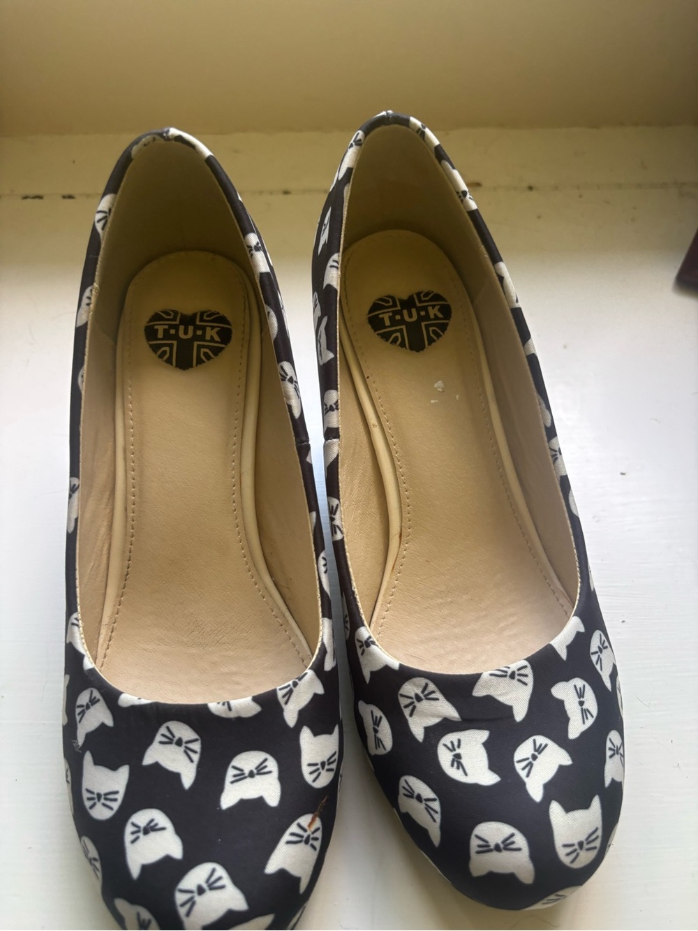 T.U.K Black Heels with White Cat Faces